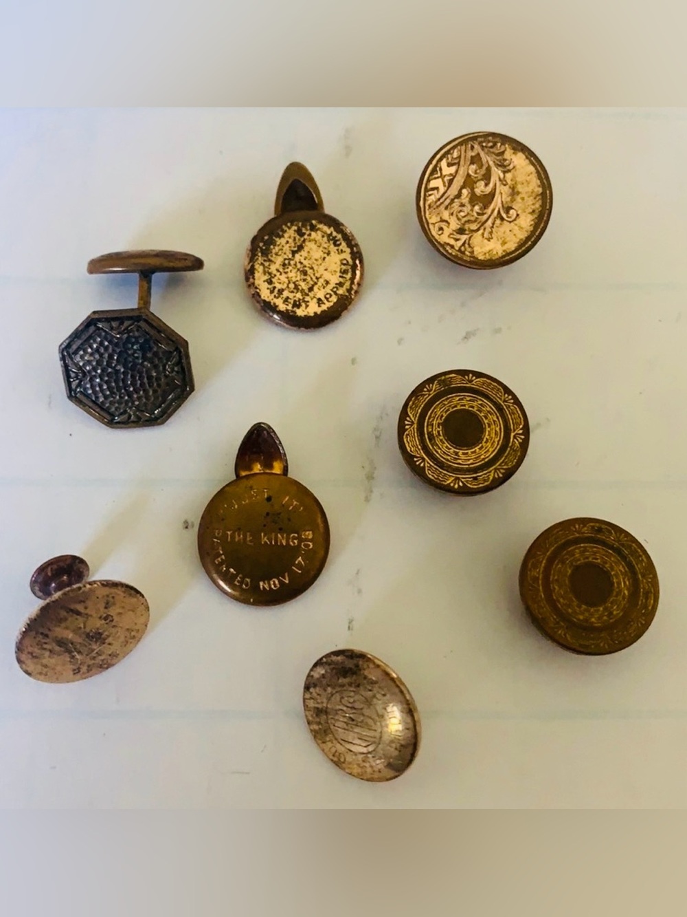 Lot of 8 Antique Collar Buttons Early 1900s Detachable Collar Studs 1908 Patent